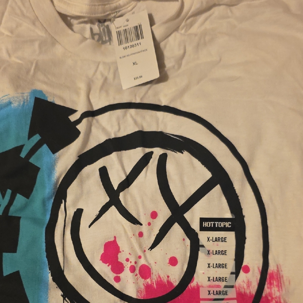 Hot Topic White Tee with Blue and Pink Graphic